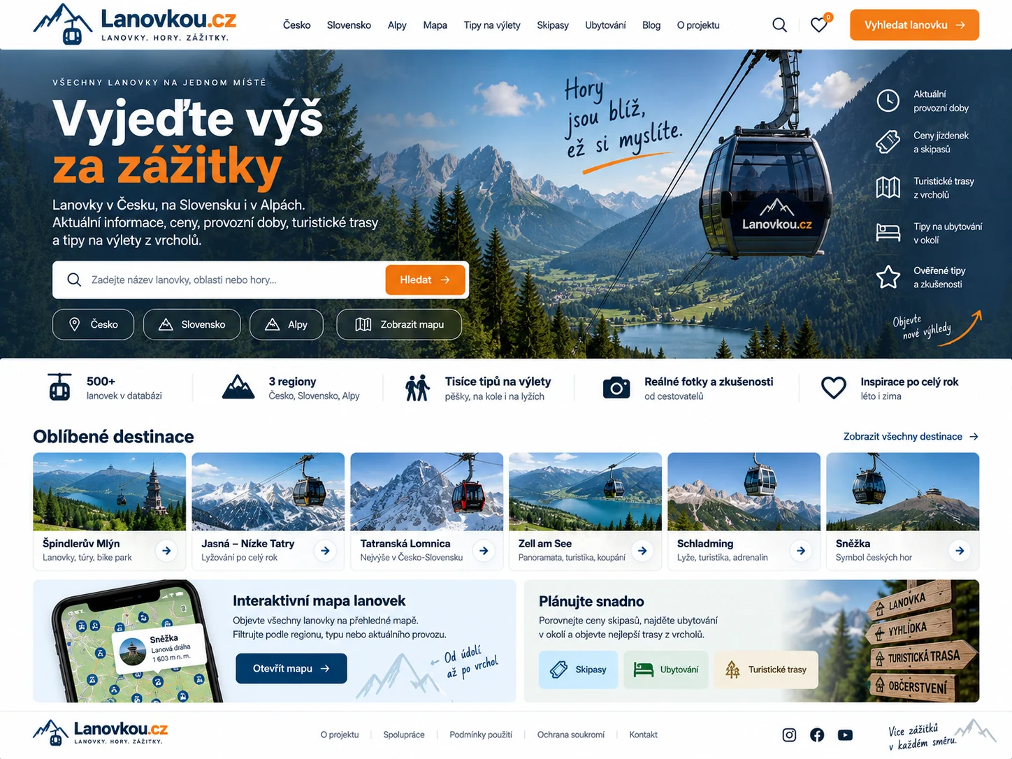 Ilustrační návrh webu Lanovkou.cz v modré a oranžové s kabinovou lanovkou nad horským údolím
